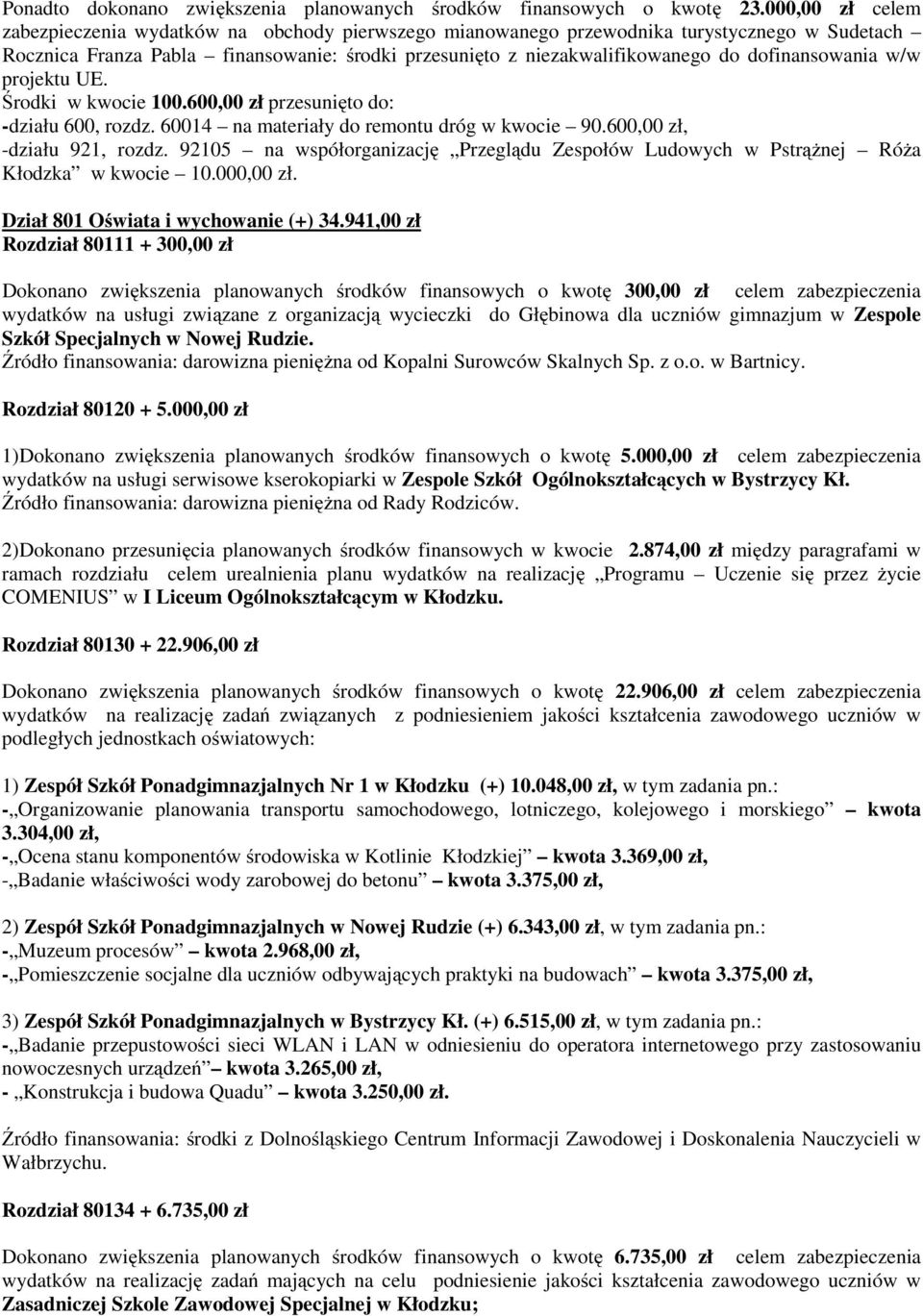 dofinansowania w/w projektu UE. Środki w kwocie 100.600,00 zł przesunięto do: -działu 600, rozdz. 60014 na materiały do remontu dróg w kwocie 90.600,00 zł, -działu 921, rozdz.
