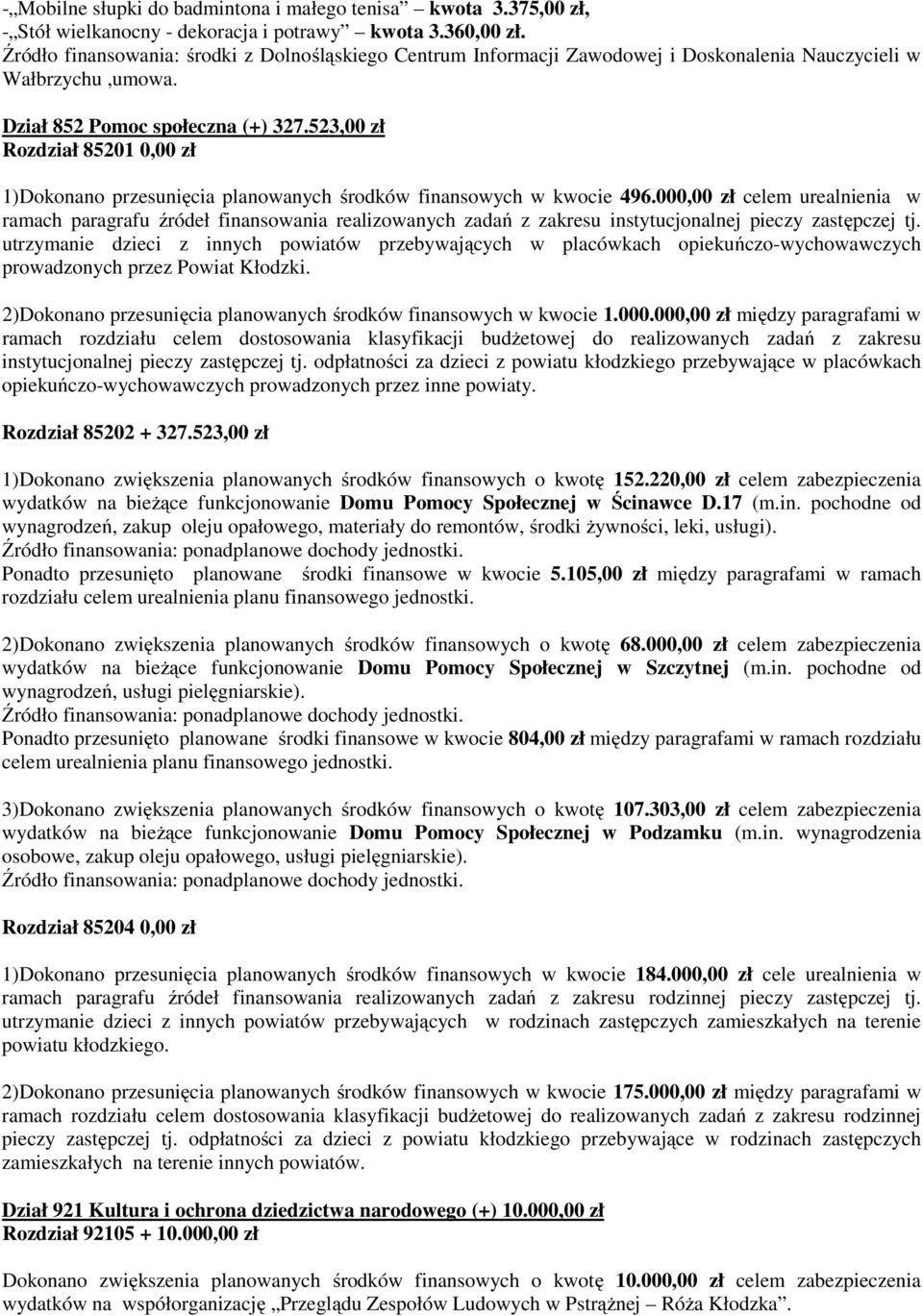 523,00 zł Rozdział 85201 0,00 zł 1)Dokonano przesunięcia planowanych środków finansowych w kwocie 496.