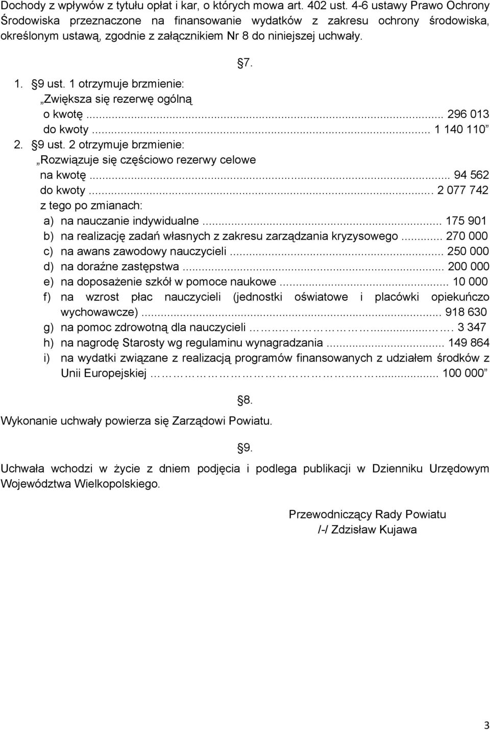 1 otrzymuje brzmienie: Zwiększa się rezerwę ogólną o kwotę... 296 013 do kwoty... 1 140 110 2. 9 ust. 2 otrzymuje brzmienie: Rozwiązuje się częściowo rezerwy celowe na kwotę... 94 562 do kwoty.