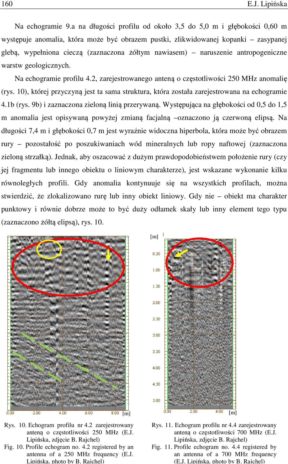 nawiasem) naruszenie antropogeniczne warstw geologicznych. Na echogramie profilu 4.2, zarejestrowanego anteną o częstotliwości 250 MHz anomalię (rys.