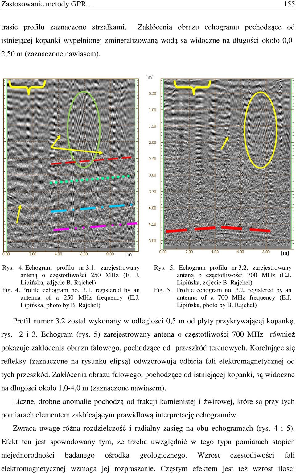 zarejestrowany anteną o częstotliwości 250 MHz (E. J. Lipińska, zdjęcie B. Rajchel) Fig. 4. Profile echogram no. 3.1. registered by an antenna of a 250 MHz frequency (E.J. Lipińska, photo by B.
