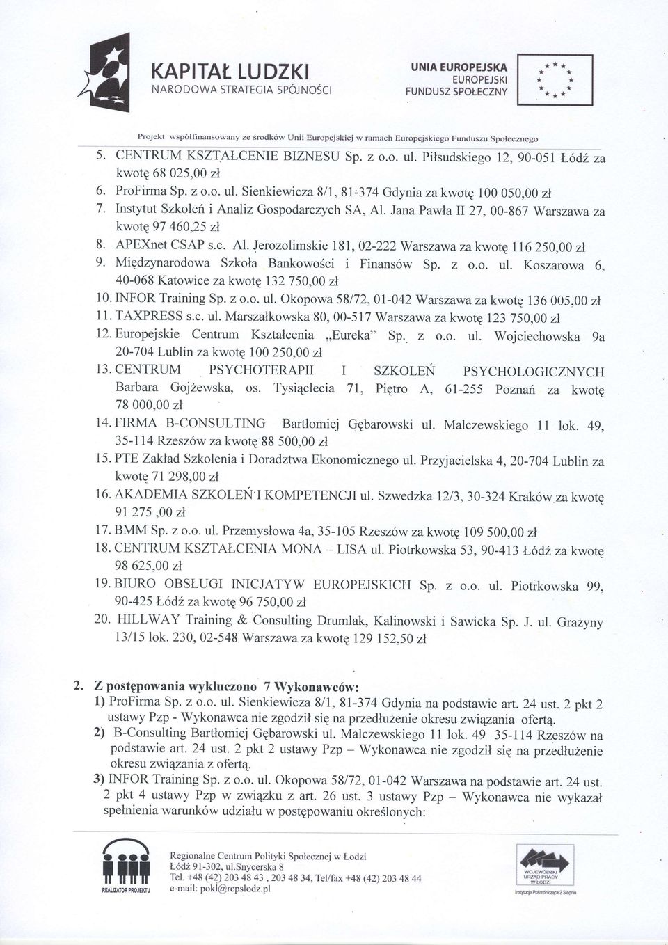 Jana Pawla II27,00-867 za kwote 97 460,25 zl 8. APEXnet CSAP s.c. Al. Jerozolimskie 181, 02-222 za kwotq 116 250,00 zl 9. MiEdzynarodowa Szkola BankowoSci i Finans6w Sp. z o.o. ul.