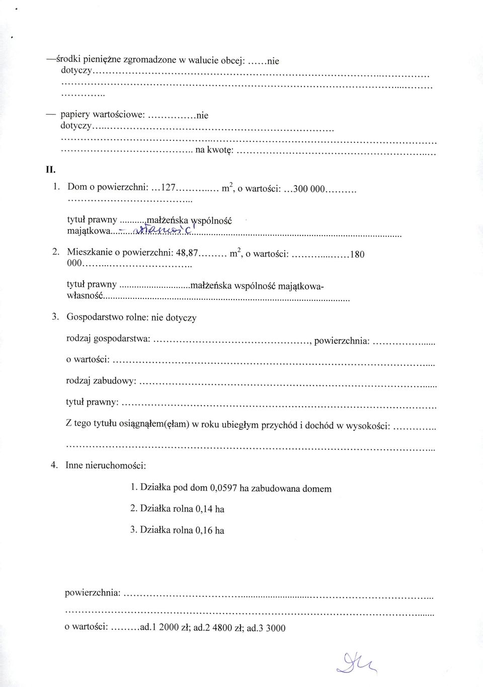 ........ 180 000....... tytuł prawny..... małżeńska wspólność majątkowawłasność....... 3. Gospodarstwo rolne: nie dotyczy rodzaj gospodarstwa:................. powierzchnia:......... o wartości:.
