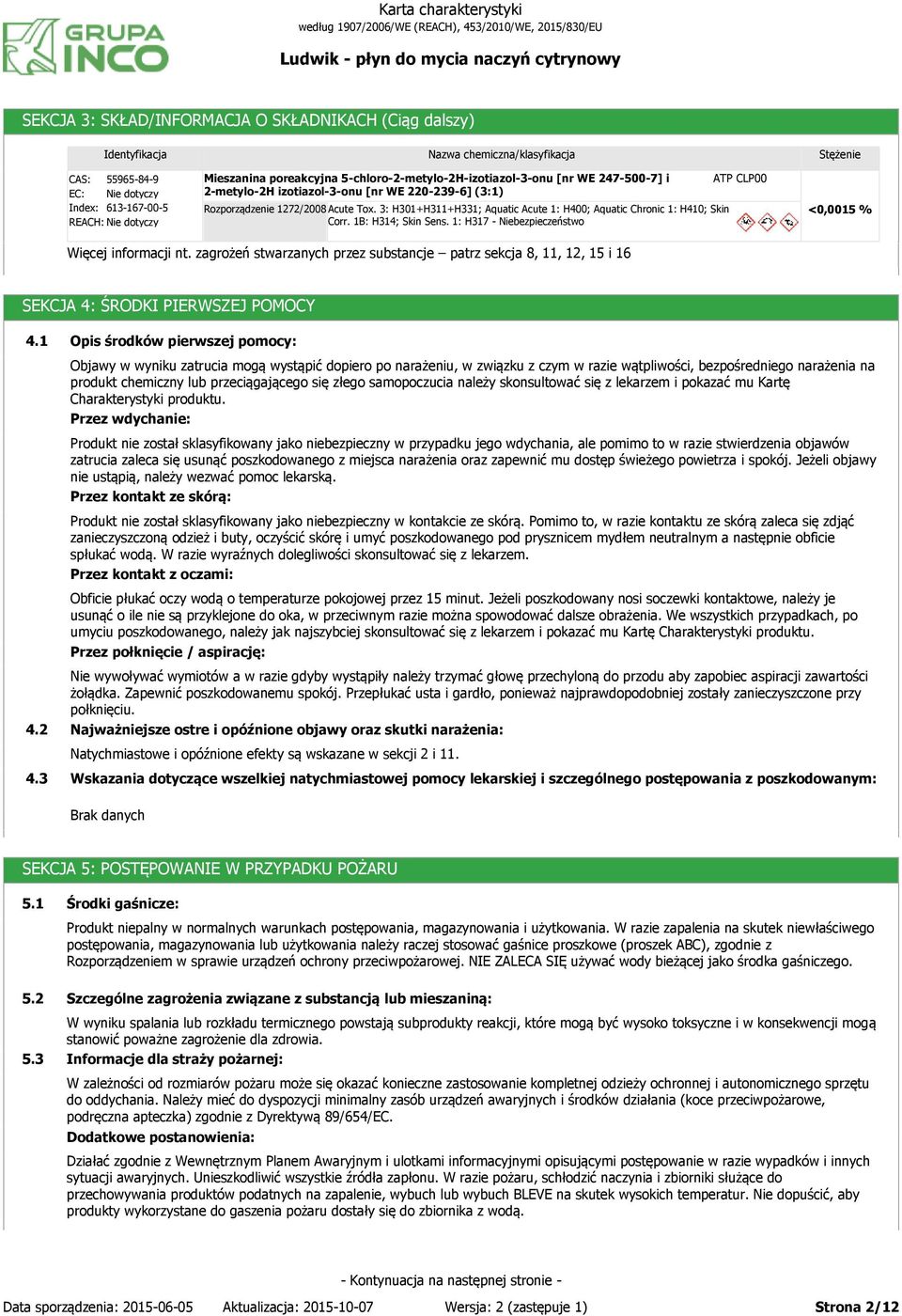 1: H317 - Niebezpieczeństwo ATP CLP00 Stężenie <0,0015 % Więcej informacji nt. zagrożeń stwarzanych przez substancje patrz sekcja 8, 11, 12, 15 i 16 SEKCJA 4: ŚRODKI PIERWSZEJ POMOCY 4.1 4.2 4.