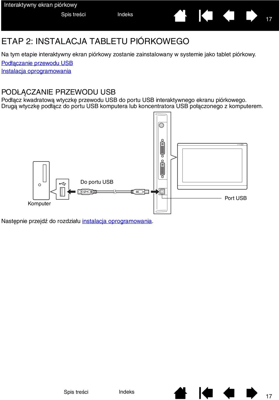 Podłączanie przewodu USB Instalacja oprogramowania PODŁĄCZANIE PRZEWODU USB Podłącz kwadratową wtyczkę przewodu USB do