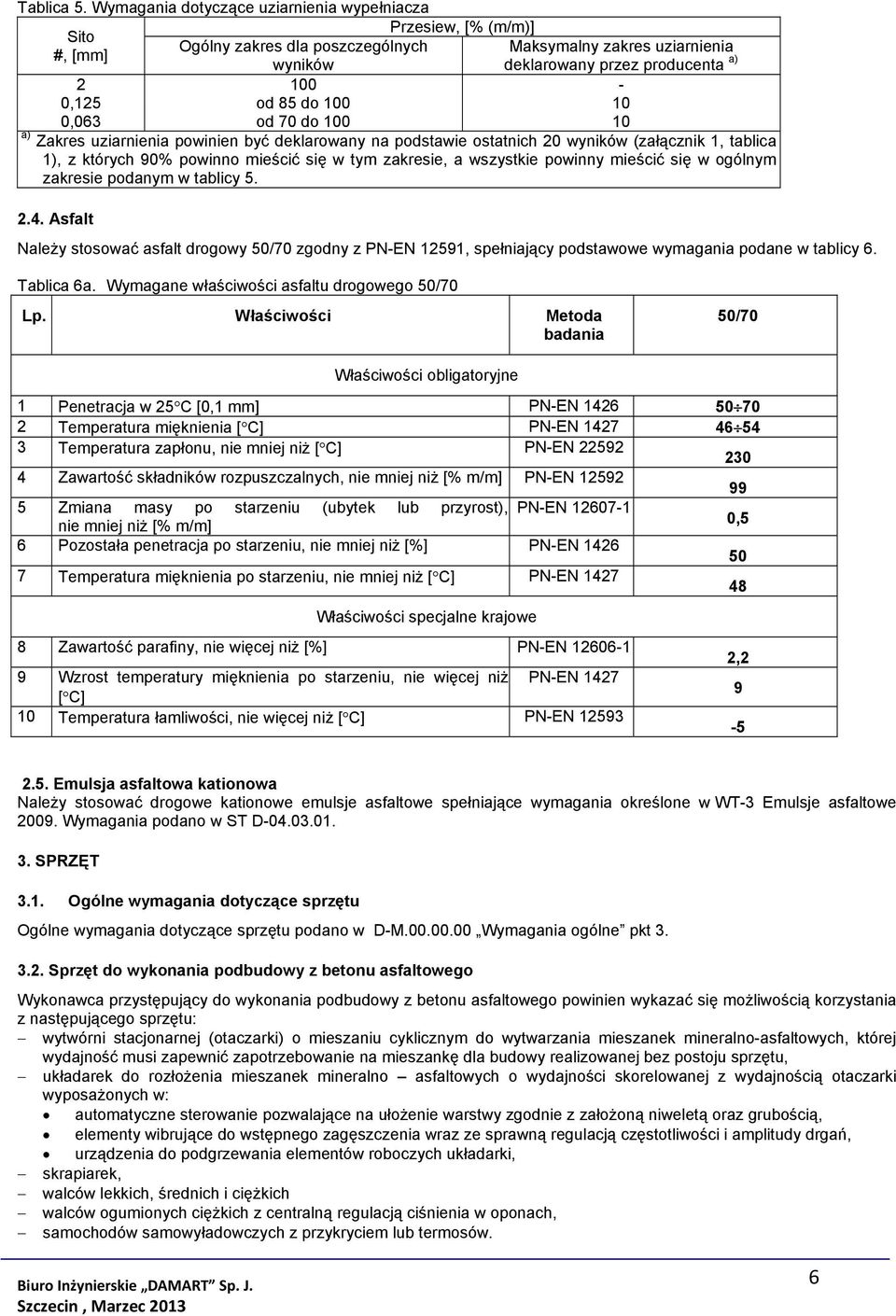 do 100 10 0,063 od 70 do 100 10 a) Zakres uziarnienia powinien być deklarowany na podstawie ostatnich 20 wyników (załącznik 1, tablica 1), z których 90% powinno mieścić się w tym zakresie, a