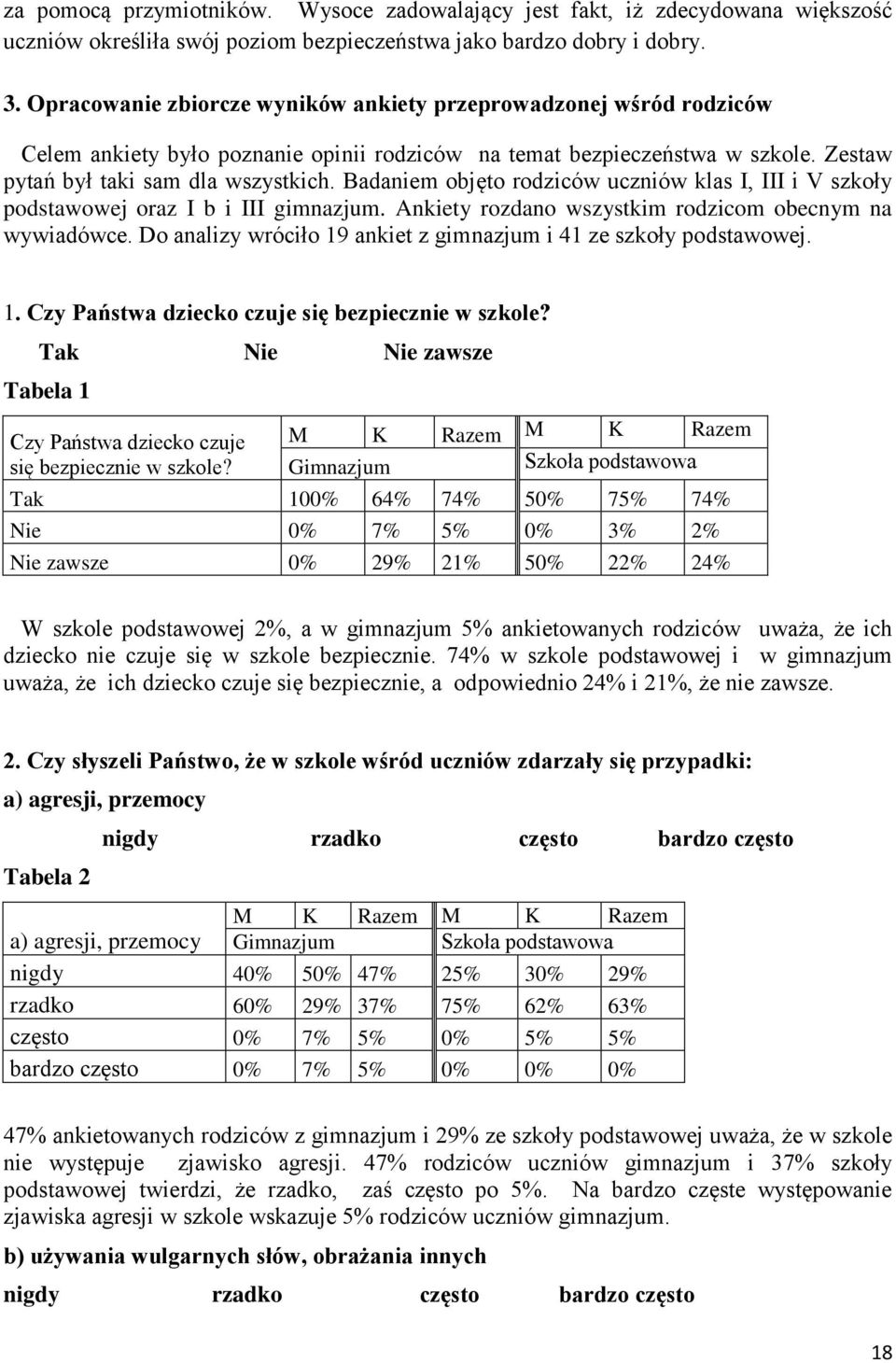 Badaniem objęto rodziców uczniów klas I, III i V szkoły podstawowej oraz I b i III gimnazjum. Ankiety rozdano wszystkim rodzicom obecnym na wywiadówce.