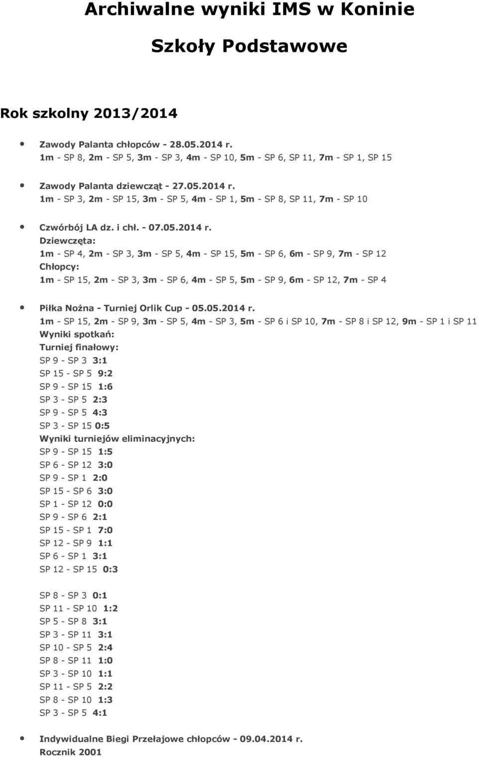 1m - SP 3, 2m - SP 15, 3m - SP 5, 4m - SP 1, 5m - SP 8, SP 11, 7m - SP 10 Czwórbój LA dz. i chł. - 07.05.2014 r.