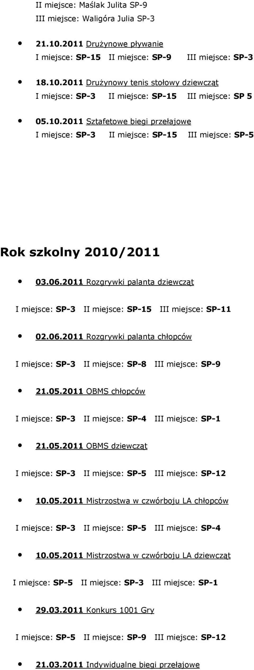 2011 Rozgrywki palanta dziewcząt I miejsce: SP-3 II miejsce: SP-15 III miejsce: SP-11 02.06.2011 Rozgrywki palanta chłopców I miejsce: SP-3 II miejsce: SP-8 III miejsce: SP-9 21.05.