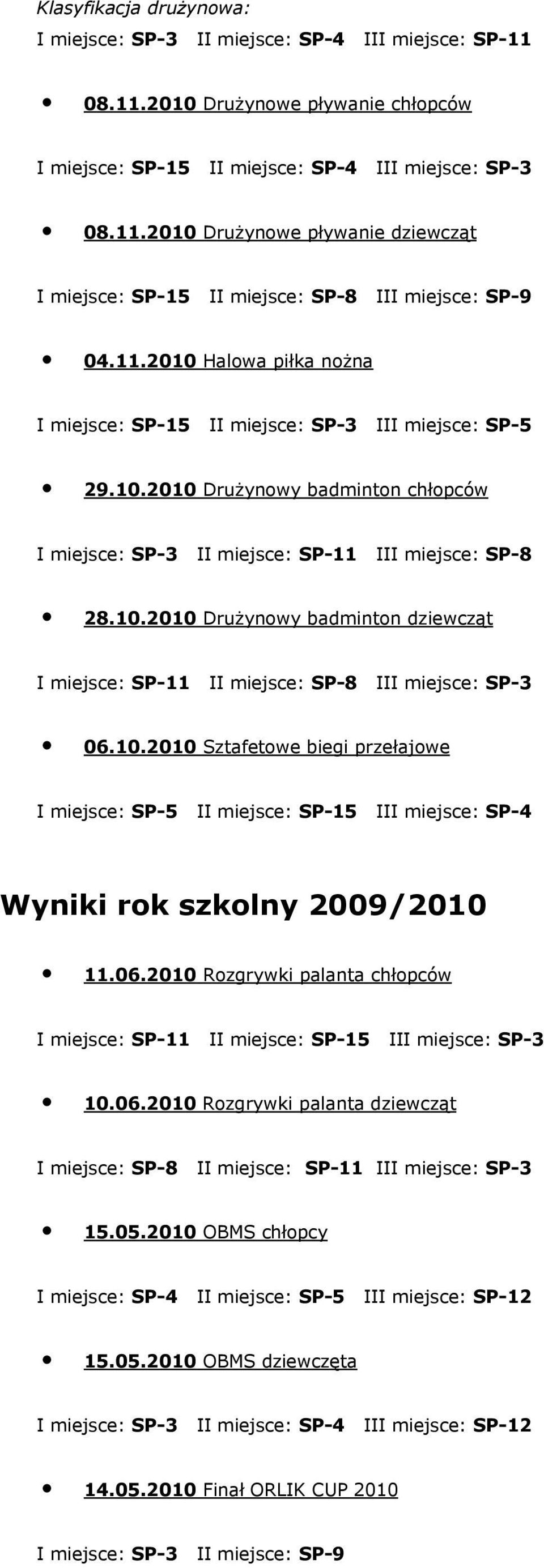 10.2010 Sztafetowe biegi przełajowe I miejsce: SP-5 II miejsce: SP-15 III miejsce: SP-4 Wyniki rok szkolny 2009/2010 11.06.