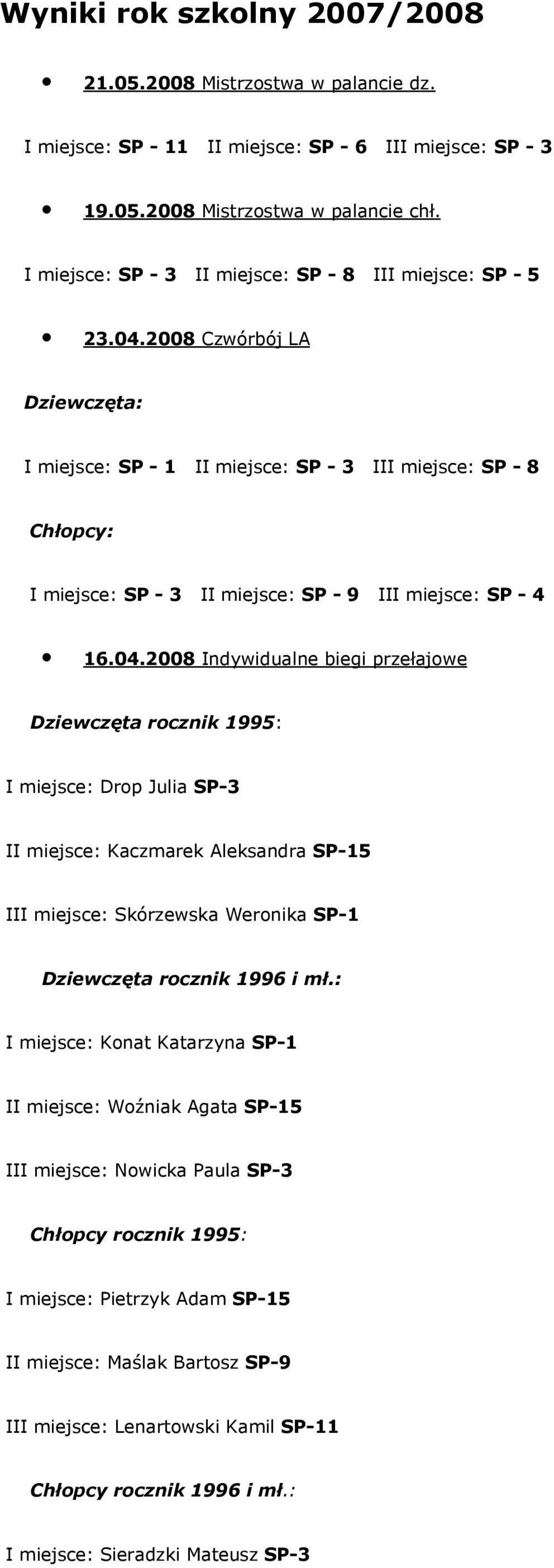 2008 Czwórbój LA Dziewczęta: I miejsce: SP - 1 II miejsce: SP - 3 III miejsce: SP - 8 Chłopcy: I miejsce: SP - 3 II miejsce: SP - 9 III miejsce: SP - 4 16.04.