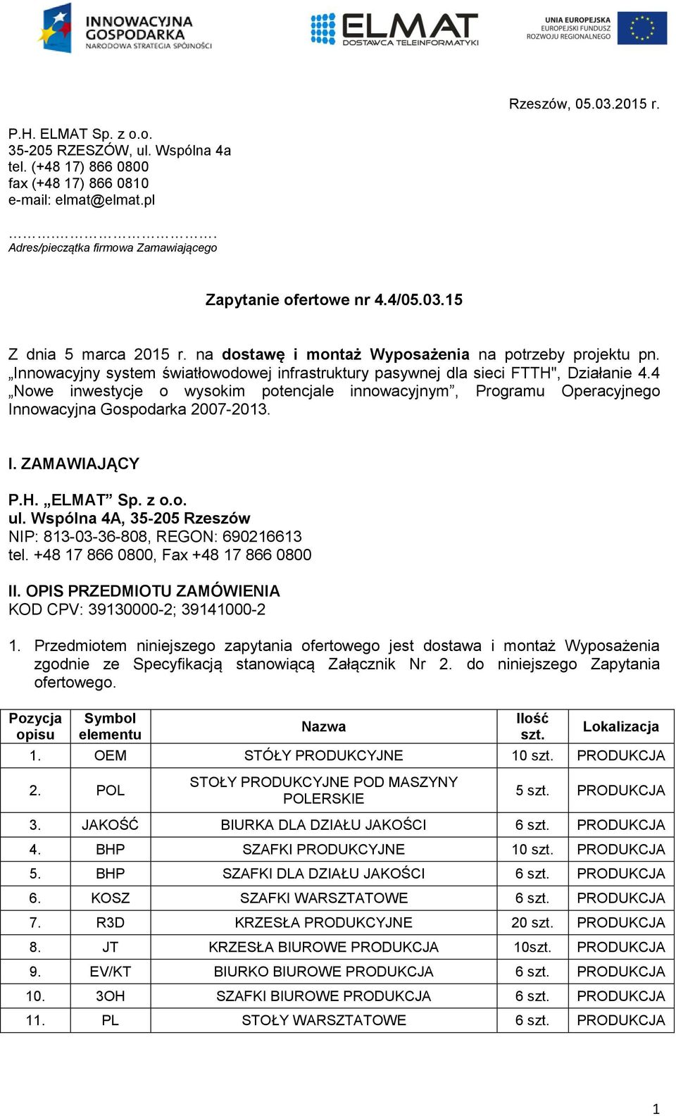 Innowacyjny system światłowodowej infrastruktury pasywnej dla sieci FTTH", Działanie 4.4 Nowe inwestycje o wysokim potencjale innowacyjnym, Programu Operacyjnego Innowacyjna Gospodarka 2007-2013. I. ZAMAWIAJĄCY P.