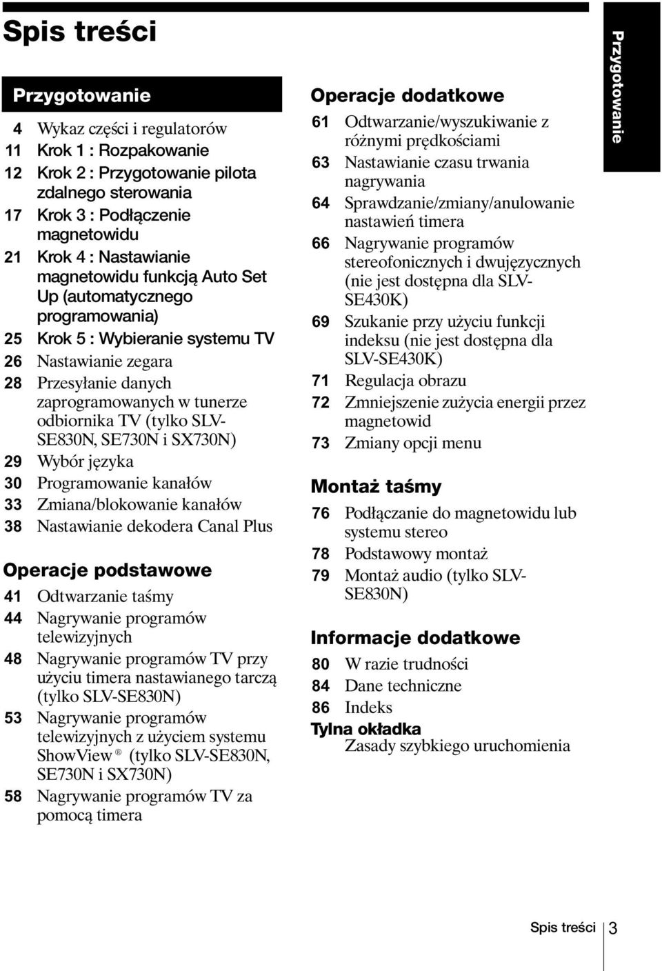 języka Programowanie kanałów Zmiana/blokowanie kanałów Nastawianie dekodera Canal Plus Operacje podstawowe Odtwarzanie taśmy Nagrywanie programów telewizyjnych Nagrywanie programów TV przy użyciu