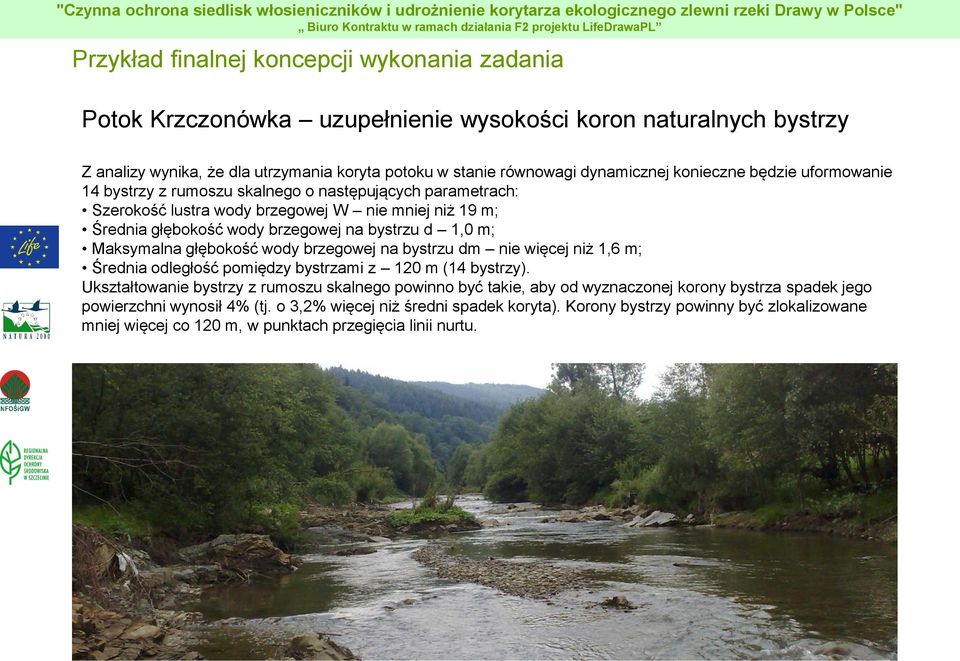 Maksymalna głębokość wody brzegowej na bystrzu dm nie więcej niż 1,6 m; Średnia odległość pomiędzy bystrzami z 120 m (14 bystrzy).