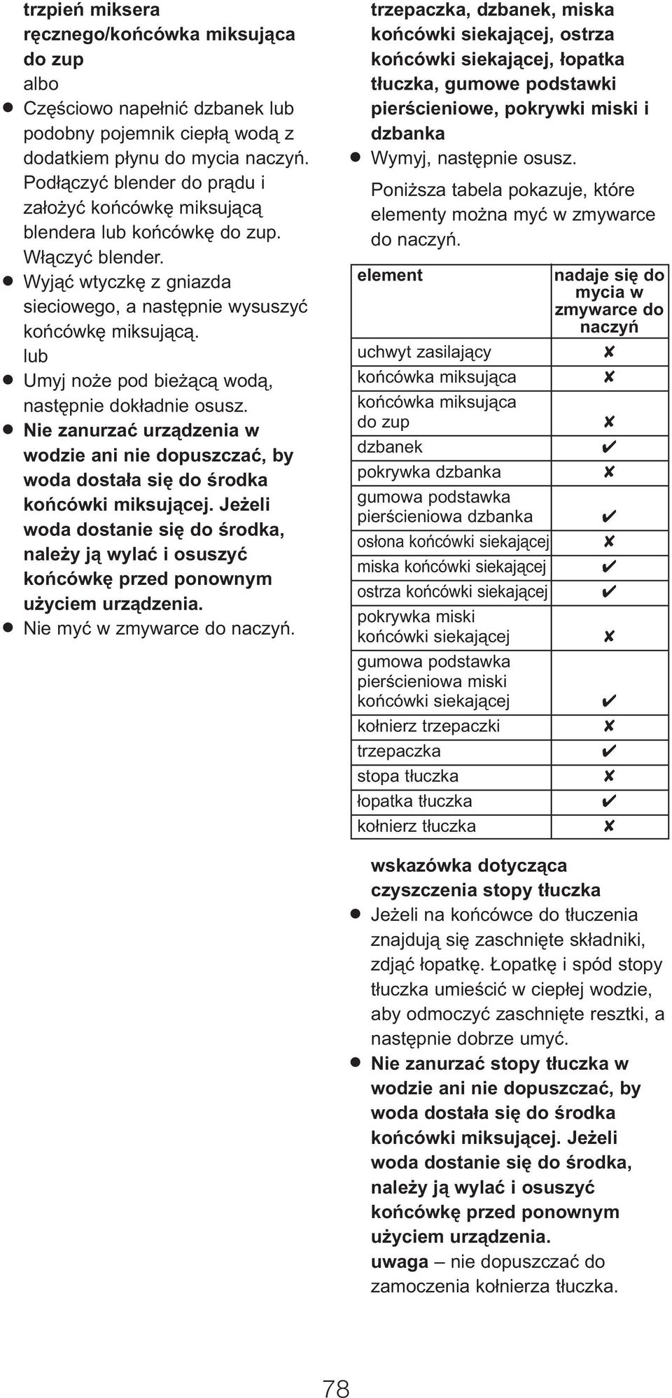 lub Umyj noże pod bieżącą wodą, następnie dokładnie osusz. Nie zanurzać urządzenia w wodzie ani nie dopuszczać, by woda dostała się do środka końcówki miksującej.