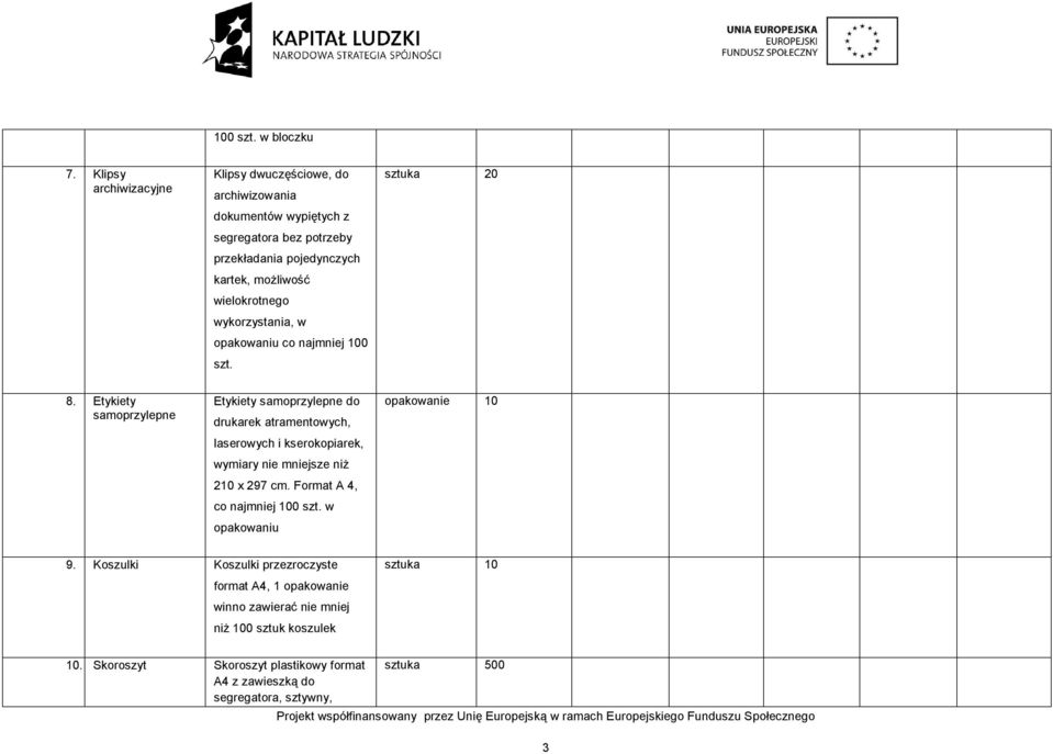 wielokrotnego wykorzystania, w opakowaniu co najmniej 100 szt. sztuka 20 8.