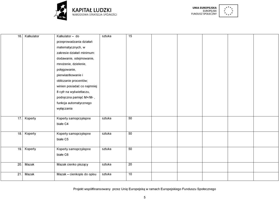 pamięć M+/M-, funkcja automatycznego wyłączania sztuka 15 17. Koperty Koperty samoprzylepne białe C4 18.