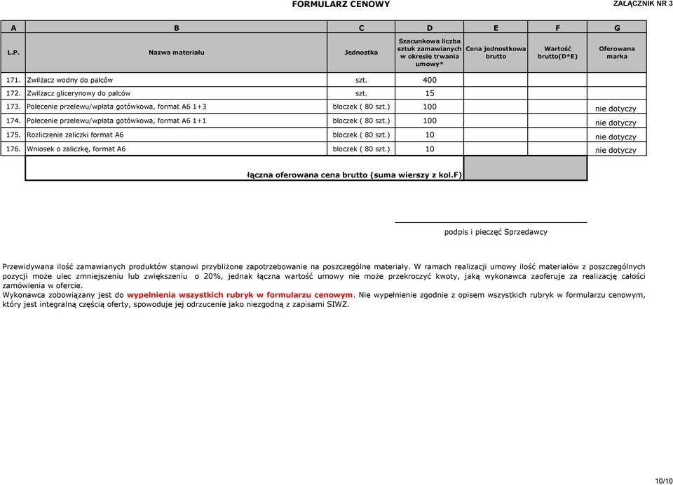 Wniosek o zaliczkę, format A6 bloczek ( 80 szt.) 10 nie dotyczy łączna oferowana cena brutto (suma wierszy z kol.
