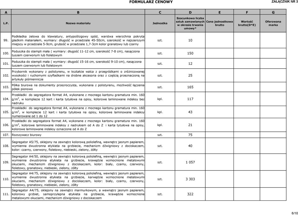 w przedziale 1,7-3cm kolor granatowy lub czarny Poduszka do stempli mała ( wymiary: długość 11-12 cm, szerokość 7-8 cm), nasączona tuszem czerwonym lub fioletowym Poduszka do stempli mała ( wymiary: