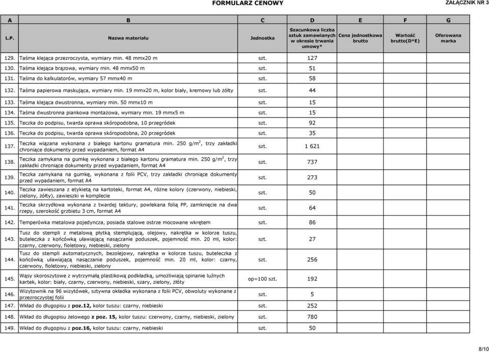 Taśma dwustronna piankowa montażowa, wymiary min. 19 mmx5 m szt. 15 135. Teczka do podpisu, twarda oprawa skóropodobna, 10 przegródek szt. 92 136.