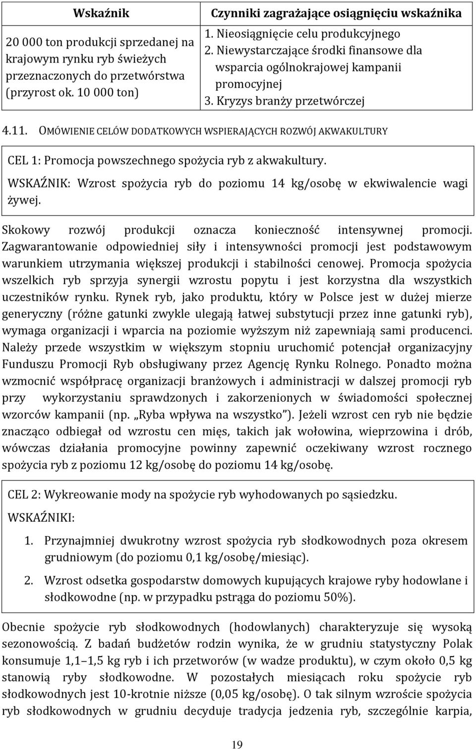 OMÓWIENIE CELÓW DODATKOWYCH WSPIERAJĄCYCH ROZWÓJ AKWAKULTURY CEL 1: Promocja powszechnego spożycia ryb z akwakultury. WSKAŹNIK: Wzrost spożycia ryb do poziomu 14 kg/osobę w ekwiwalencie wagi żywej.