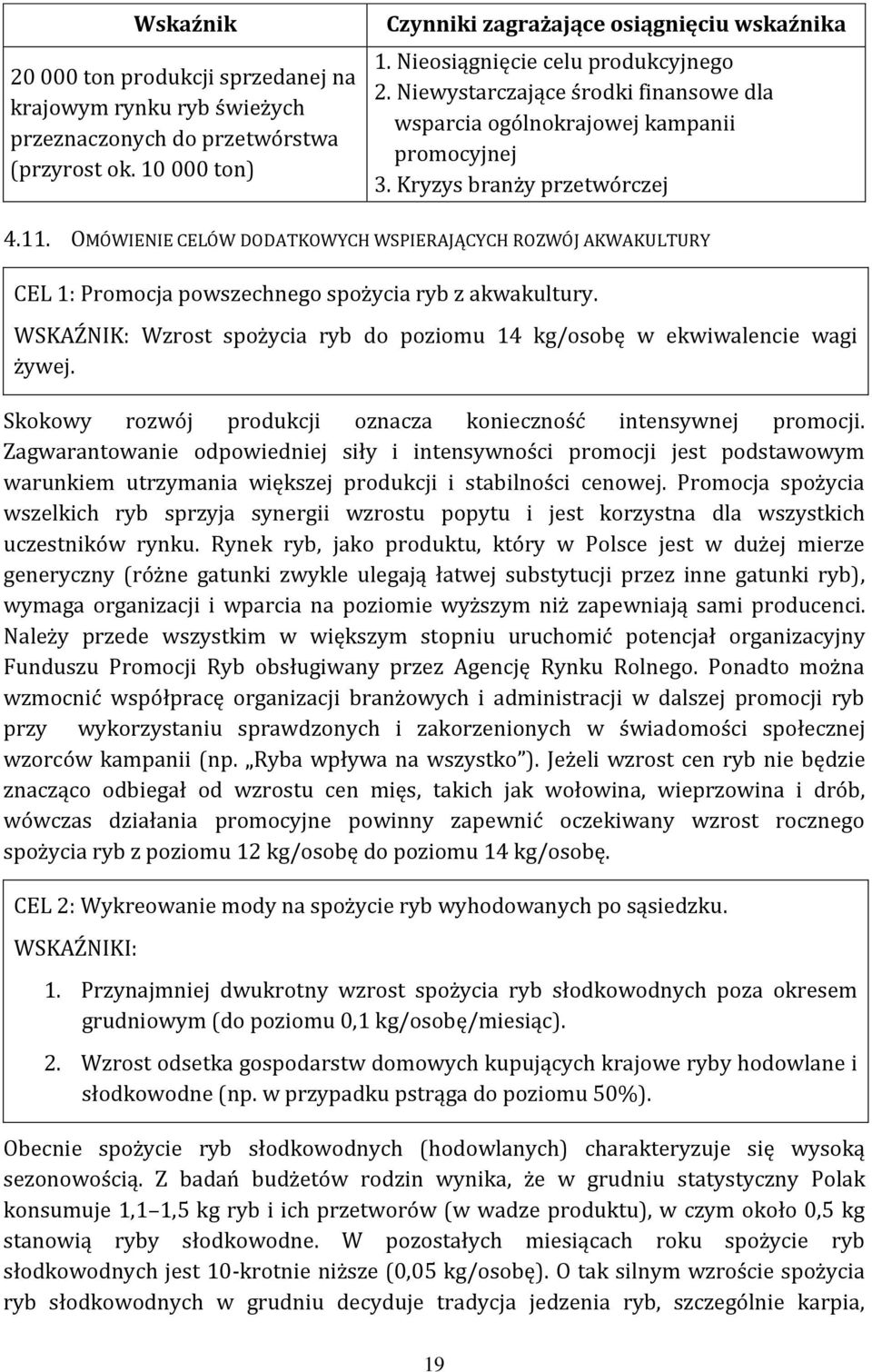 OMÓWIENIE CELÓW DODATKOWYCH WSPIERAJĄCYCH ROZWÓJ AKWAKULTURY CEL 1: Promocja powszechnego spożycia ryb z akwakultury. WSKAŹNIK: Wzrost spożycia ryb do poziomu 14 kg/osobę w ekwiwalencie wagi żywej.