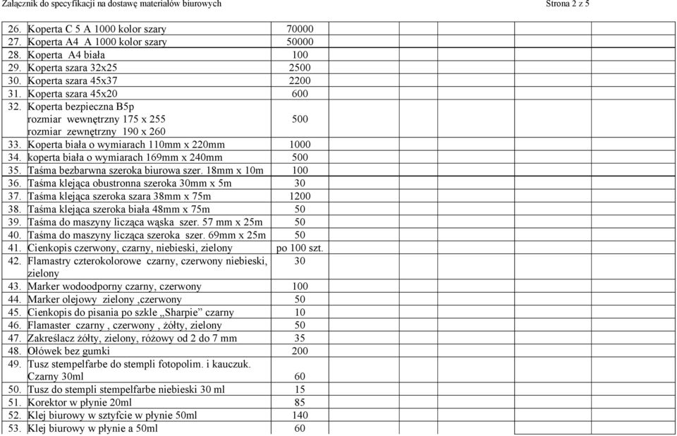 Koperta biała o wymiarach 110mm x 220mm 1000 34. koperta biała o wymiarach 169mm x 240mm 500 35. Taśma bezbarwna szeroka biurowa szer. 18mm x 10m 100 36.