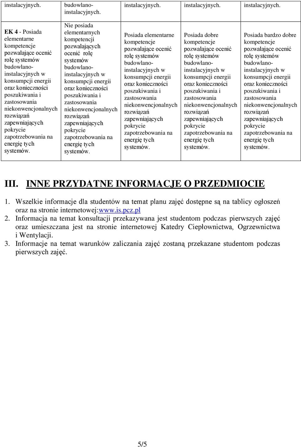 INNE PRZYDATNE INFORMACJE O PRZEDMIOCIE 1. Wszelkie informacje dla studentó na temat planu zajęć dostępne są na tablicy ogłoszeń oraz na stronie internetoej:.is.pcz.pl 2.