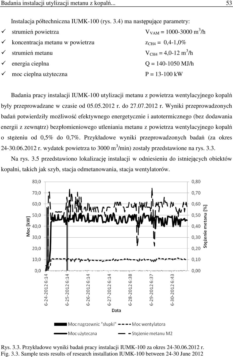 cieplna użyteczna P = 13-100 kw Badania pracy instalacji IUMK-100 utylizacji metanu z powietrza wentylacyjnego kopalń były przeprowadzane w czasie od 05.05.2012 r.