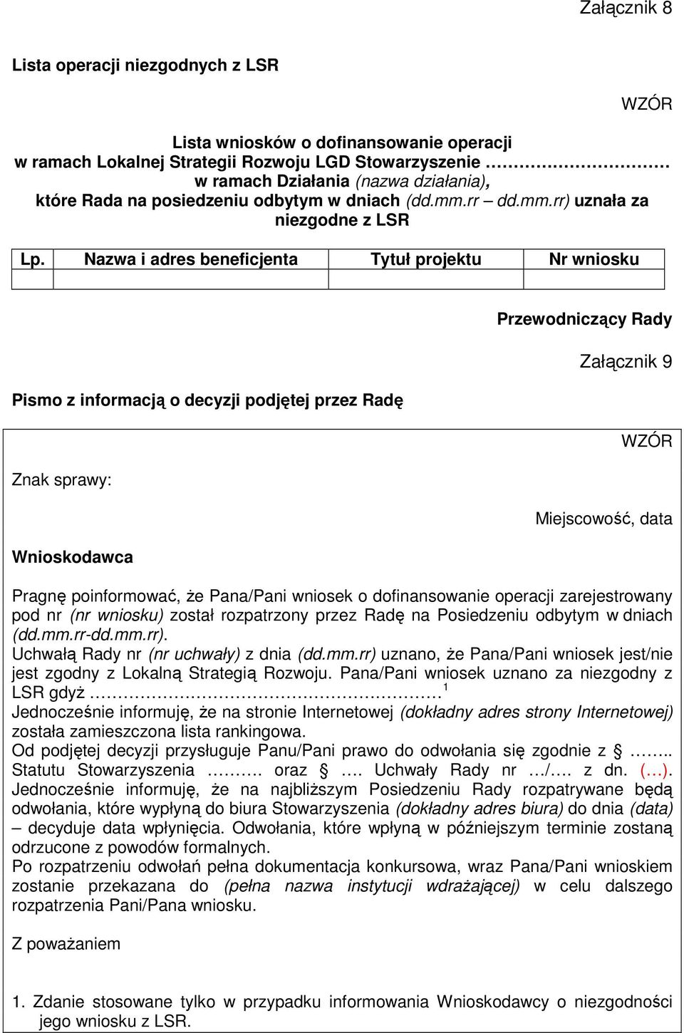 Nazwa i adres beneficjenta Tytuł projektu Nr wniosku Pismo z informacją o decyzji podjętej przez Radę Wnioskodawca Przewodniczący Rady Załącznik 9 Miejscowość, data Pragnę poinformować, Ŝe Pana/Pani