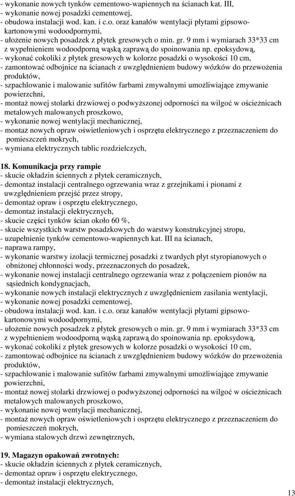 elektrycznych tablic rozdzielczych, 18. Komunikacja przy rampie - uzupełnienie tynków cementowo-wapiennych kat.