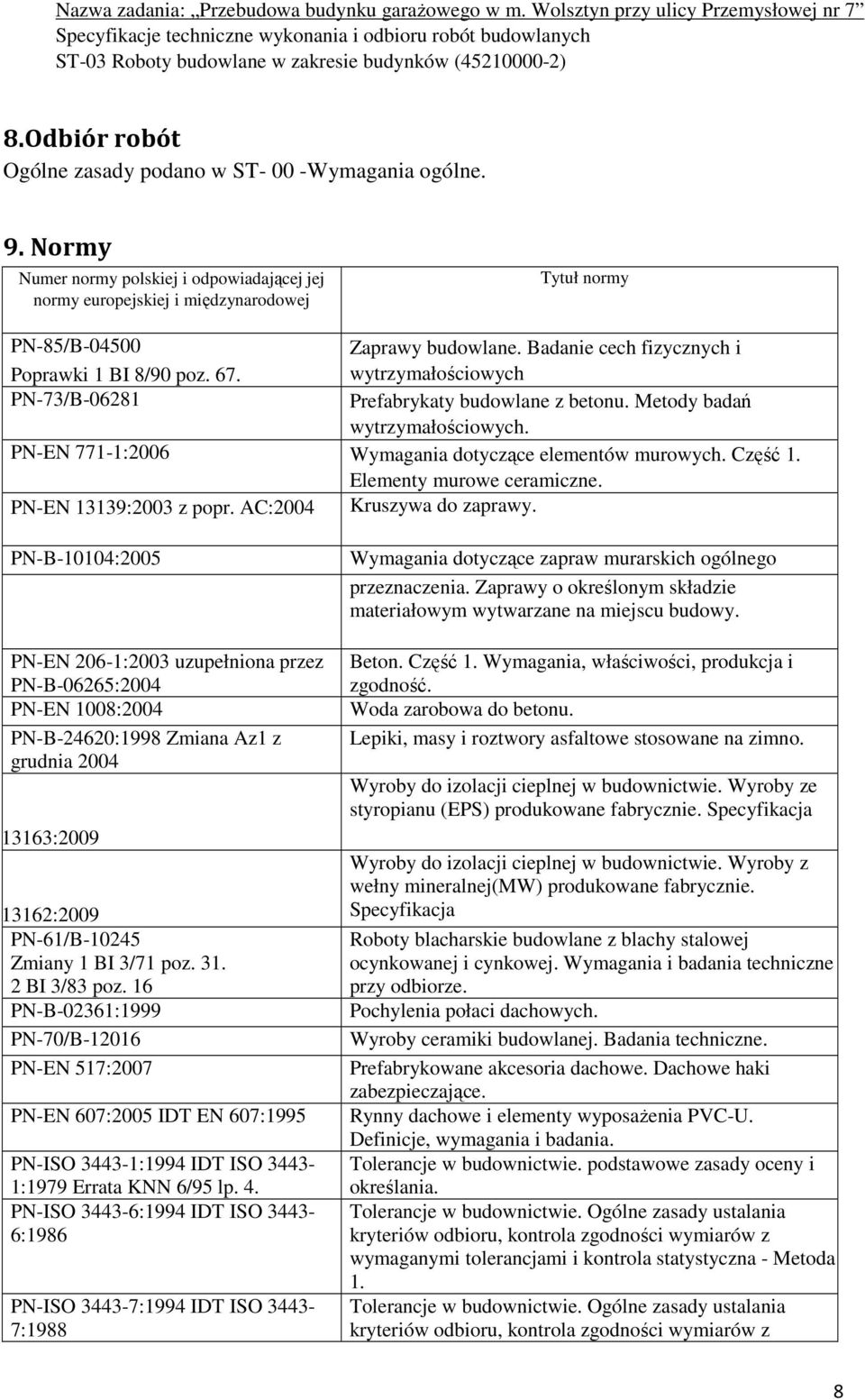 PN-EN 771-1:2006 Wymagania dotyczące elementów murowych. Część 1. Elementy murowe ceramiczne. PN-EN 13139:2003 z popr. AC:2004 Kruszywa do zaprawy.