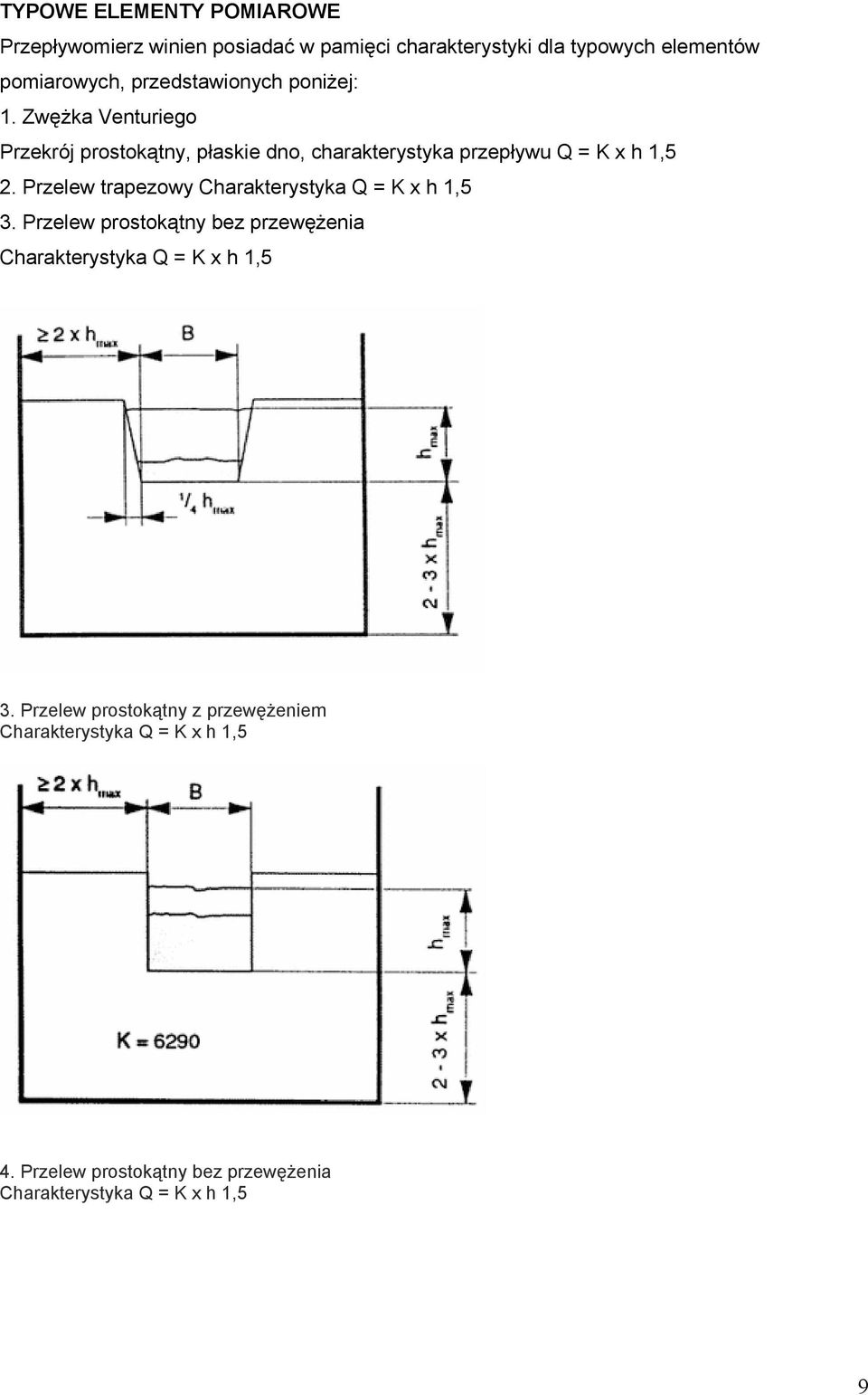 Przelew trapezowy Charakterystyka Q = K x h 1,5 3. Przelew prostokątny bez przewęŝenia Charakterystyka Q = K x h 1,5 3.