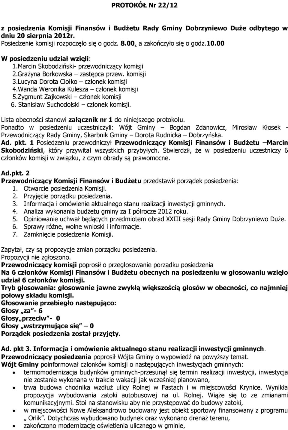 Wanda Weronika Kulesza członek komisji 5.Zygmunt Zajkowski członek komisji 6. Stanisław Suchodolski członek komisji. Lista obecności stanowi załącznik nr 1 do niniejszego protokołu.