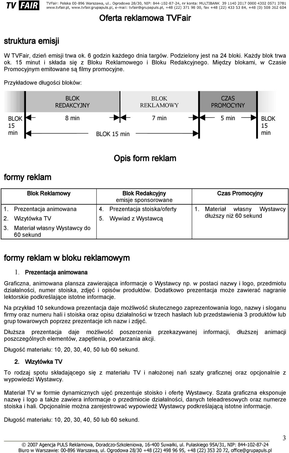 Przykładowe długości bloków: BLOK REDAKCYJNY BLOK REKLAMOWY CZAS PROMOCYNY BLOK 15 min 8 min BLOK 15 min 7 min 5 min BLOK 15 min Opis form reklam formy reklam Blok Reklamowy 1.