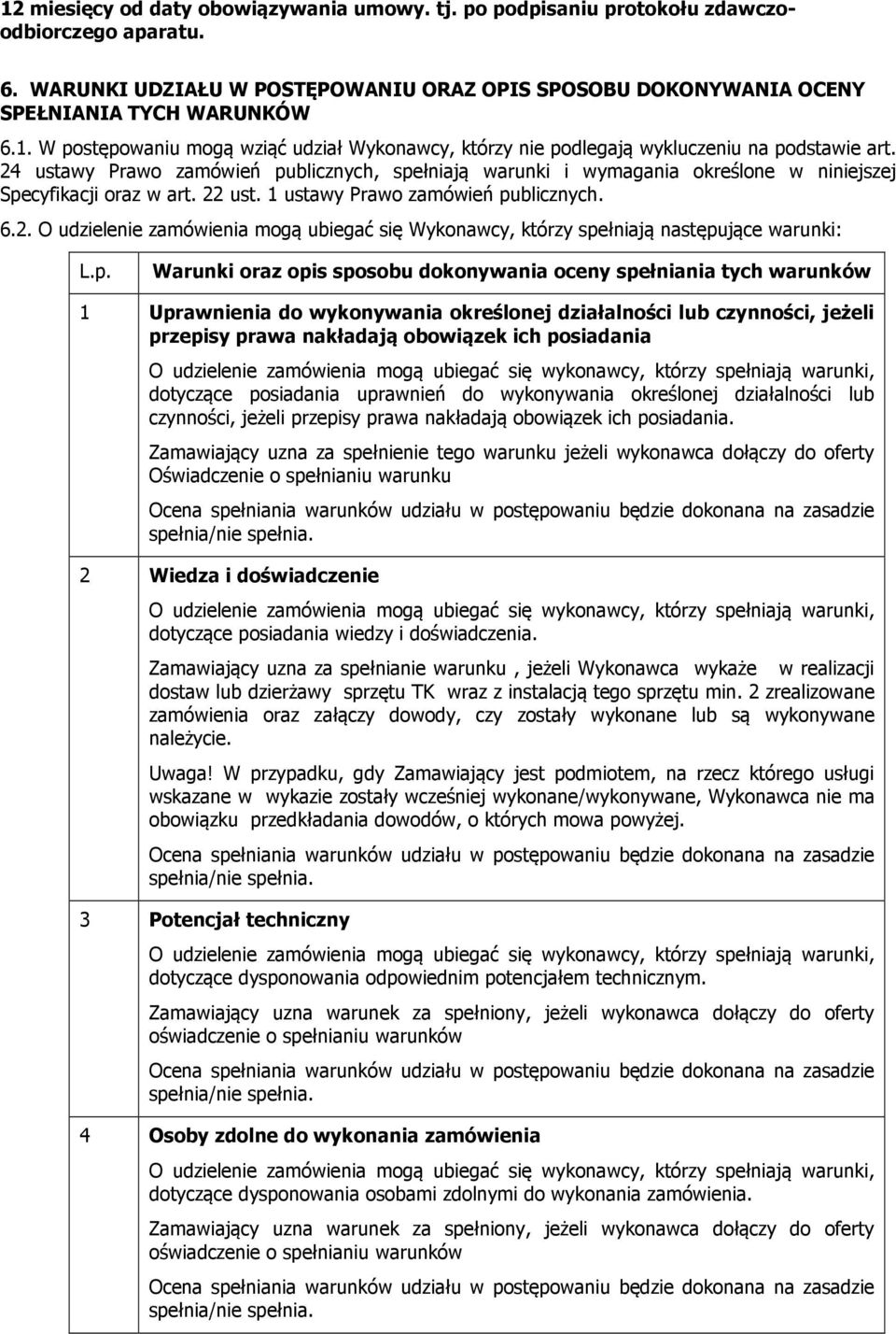 p. Warunki oraz opis sposobu dokonywania oceny spełniania tych warunków 1 Uprawnienia do wykonywania określonej działalności lub czynności, jeżeli przepisy prawa nakładają obowiązek ich posiadania O