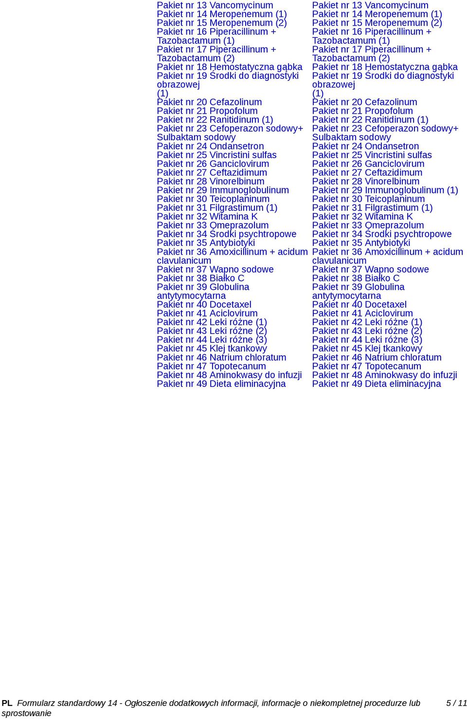 Pakiet nr 24 Ondansetron Pakiet nr 25 Vincristini sulfas Pakiet nr 26 Ganciclovirum Pakiet nr 27 Ceftazidimum Pakiet nr 28 Vinorelbinum Pakiet nr 29 Immunoglobulinum Pakiet nr 30 Teicoplaninum Pakiet