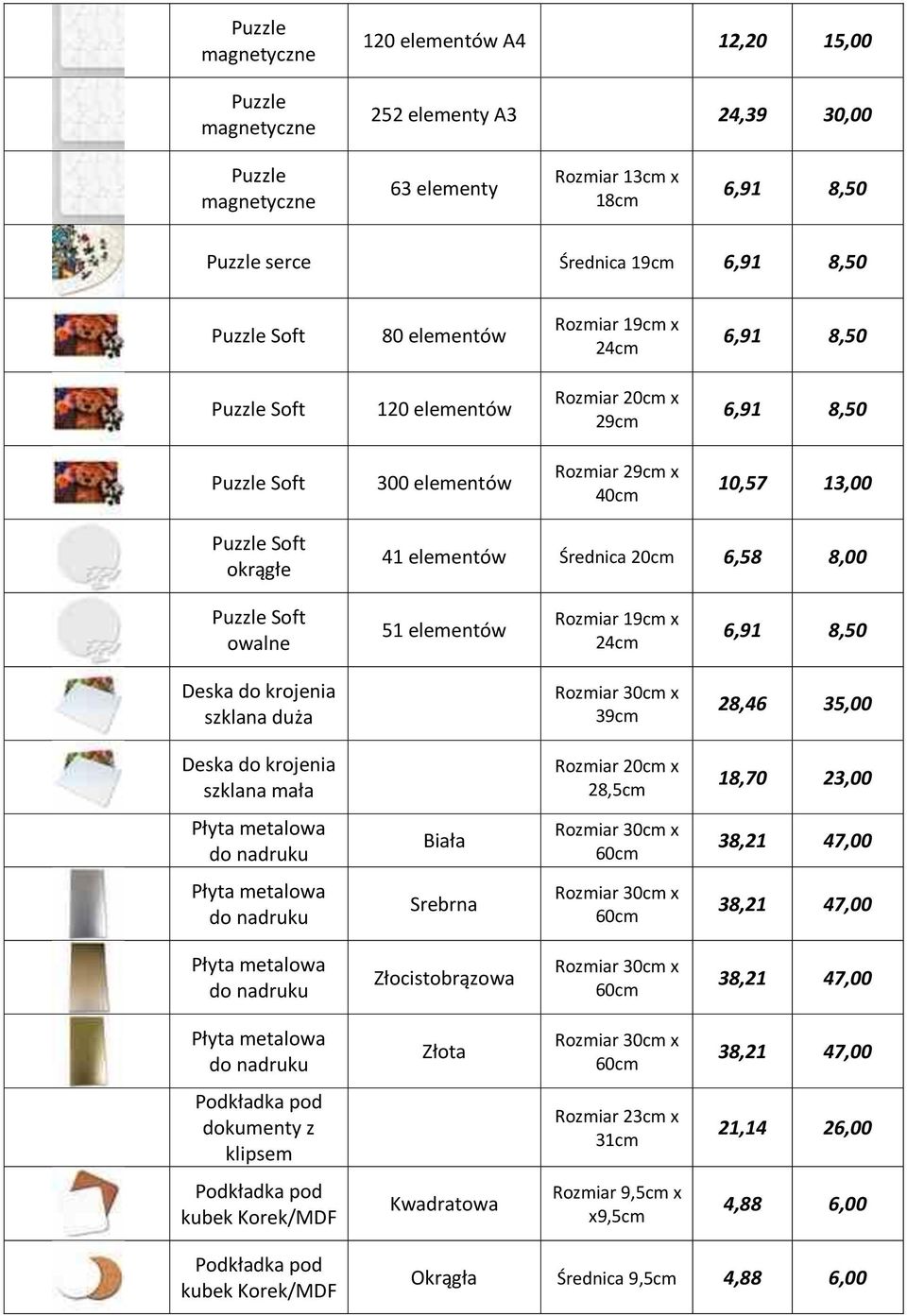 Deska do krojenia szklana mała Rozmiar 20cm x 28,5cm 18,70 23,00 Płyta metalowa do Biała 60cm 38,21 47,00 Płyta metalowa do Srebrna 60cm 38,21 47,00 Płyta metalowa do Złocistobrązowa 60cm 38,21