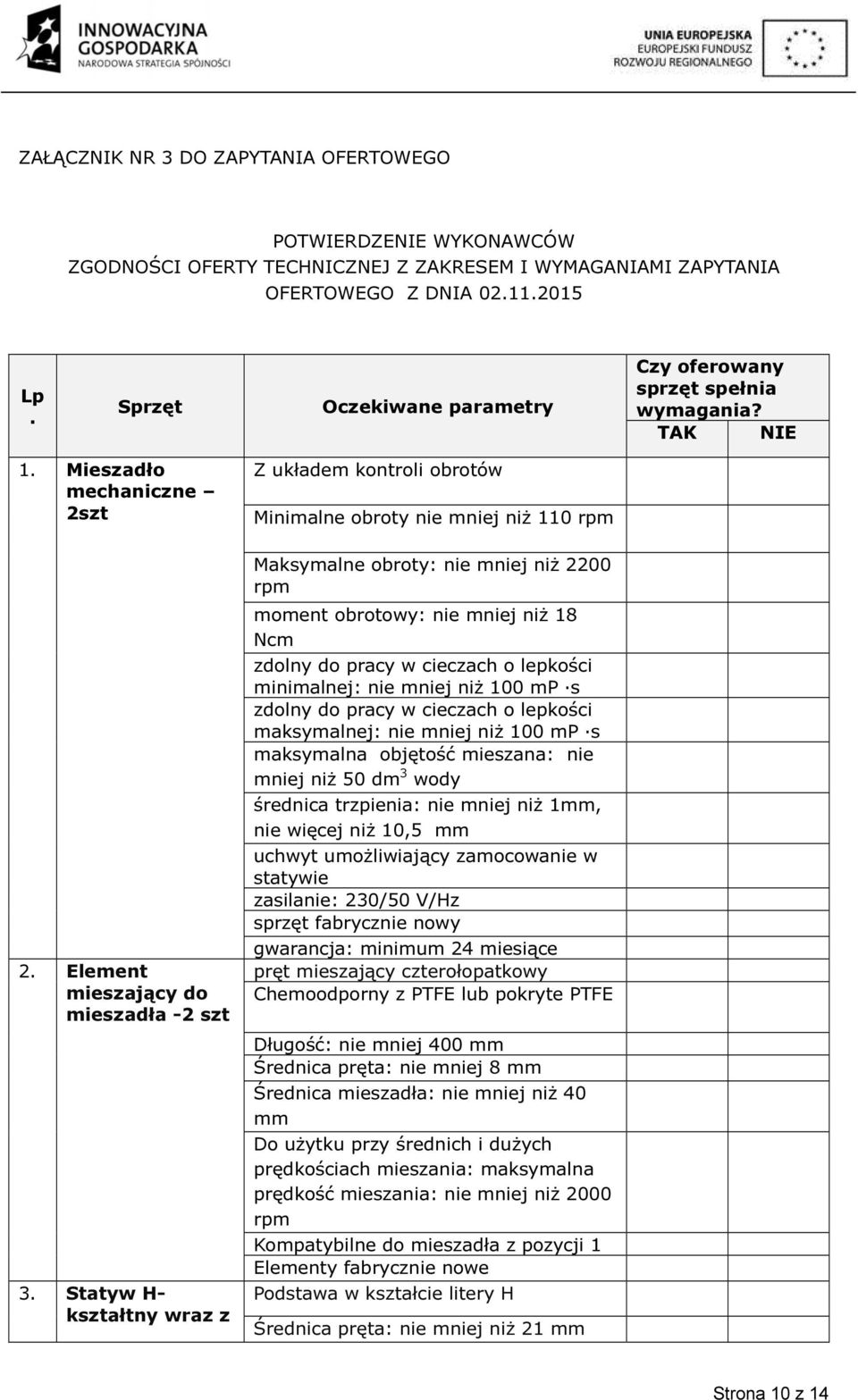 Statyw H- kształtny wraz z Z układem kontroli obrotów Minimalne obroty nie mniej niż 110 rpm Maksymalne obroty: nie mniej niż 2200 rpm moment obrotowy: nie mniej niż 18 Ncm zdolny do pracy w cieczach