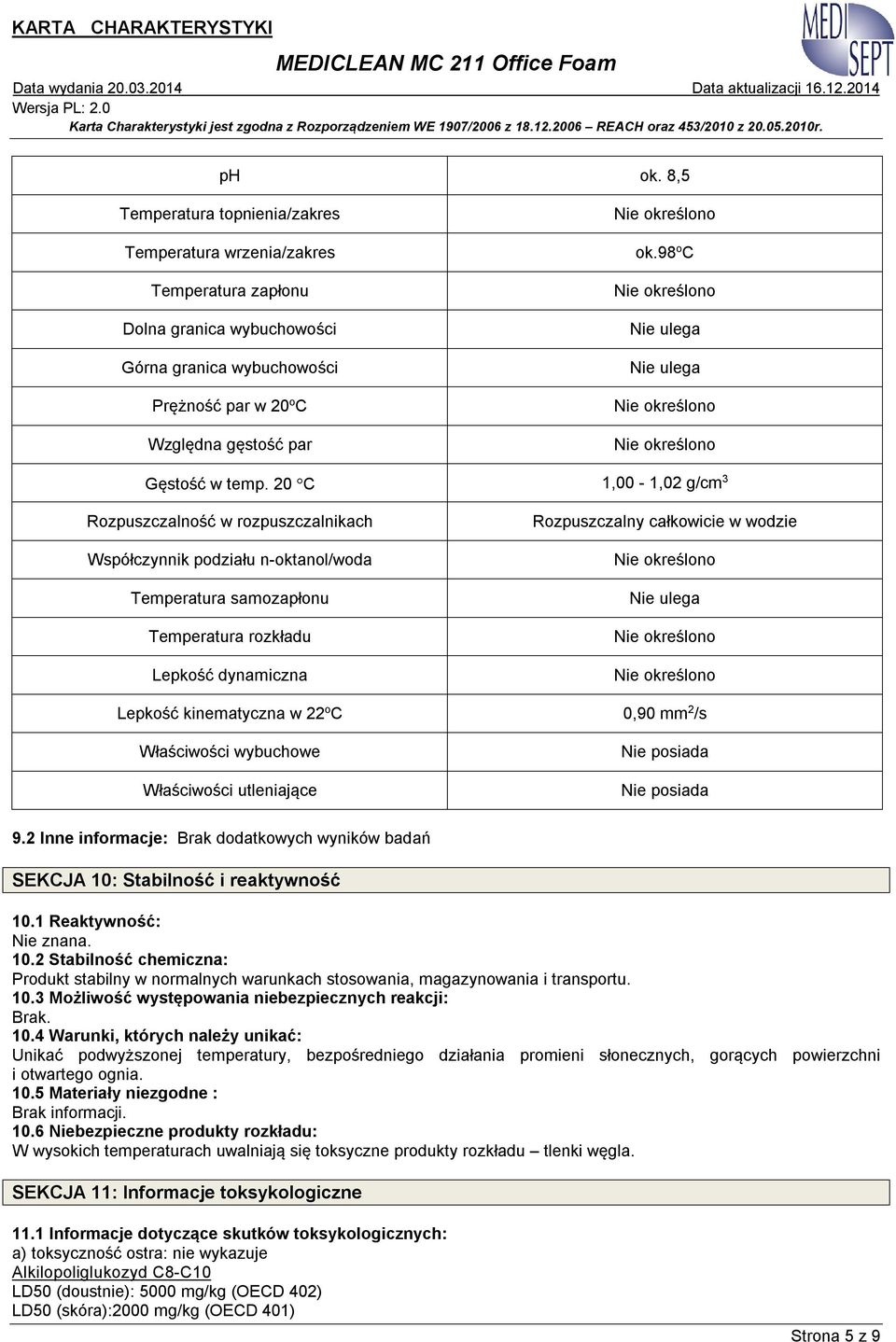 20 C 1,00-1,02 g/cm 3 Rozpuszczalność w rozpuszczalnikach Współczynnik podziału n-oktanol/woda Temperatura samozapłonu Temperatura rozkładu Lepkość dynamiczna Rozpuszczalny całkowicie w wodzie Nie