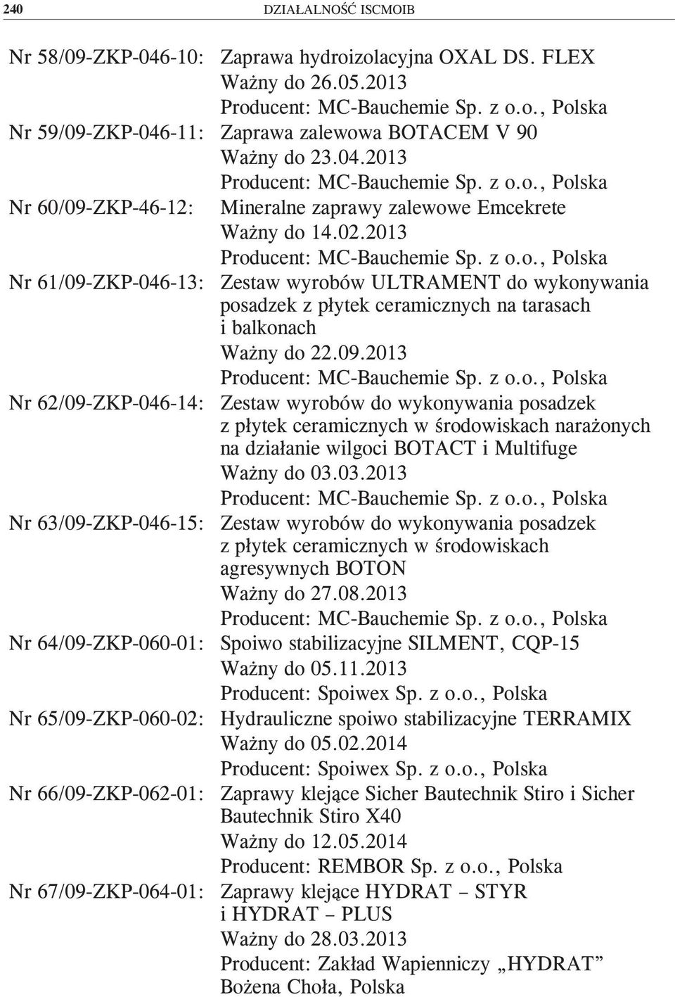 03.2013 Nr 63/09-ZKP-046-15: Zestaw wyrobów do wykonywania posadzek z płytek ceramicznych w środowiskach agresywnych BOTON Ważny do 27.08.