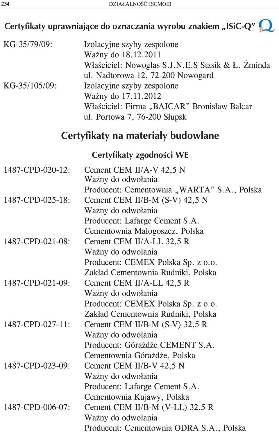 Portowa 7, 76-200 Słupsk 1487-CPD-020-12: 1487-CPD-025-18: 1487-CPD-021-08: 1487-CPD-021-09: 1487-CPD-027-11: 1487-CPD-023-09: 1487-CPD-006-07: Cement CEM II/A-V 42,5 N Producent: Cementownia WARTA S.