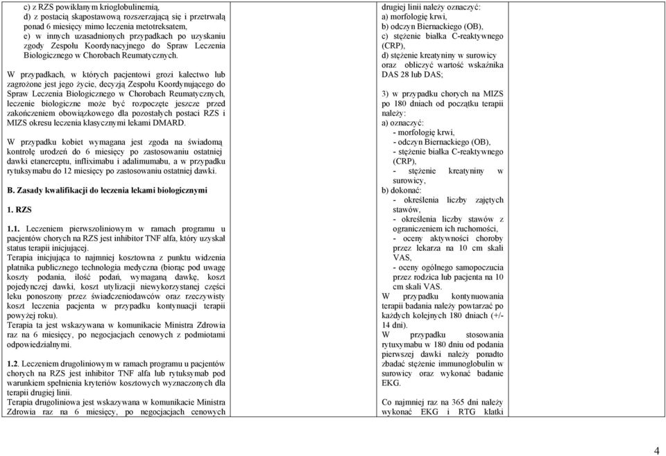 W przypadkach, w których pacjentowi grozi kalectwo lub zagrożone jest jego życie, decyzją Zespołu Koordynującego do Spraw Leczenia Biologicznego w Chorobach Reumatycznych, leczenie biologiczne może