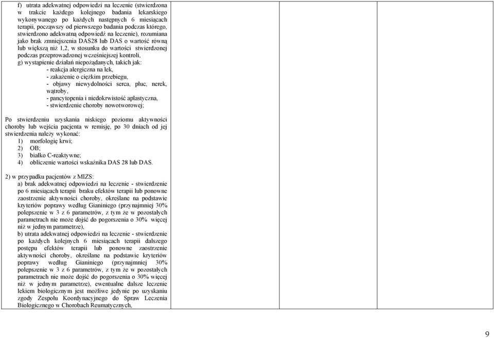 przeprowadzonej wcześniejszej kontroli, g) wystąpienie działań niepożądanych, takich jak: - reakcja alergiczna na lek, - zakażenie o ciężkim przebiegu, - objawy niewydolności serca, płuc, nerek,