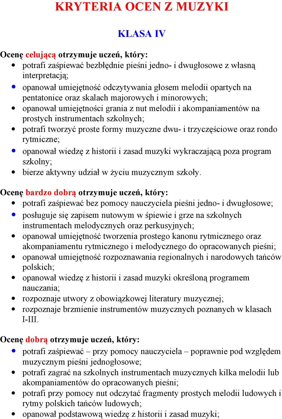 dwu- i trzyczęściowe oraz rondo rytmiczne; opanował wiedzę z historii i zasad muzyki wykraczającą poza program szkolny; bierze aktywny udział w życiu muzycznym szkoły.