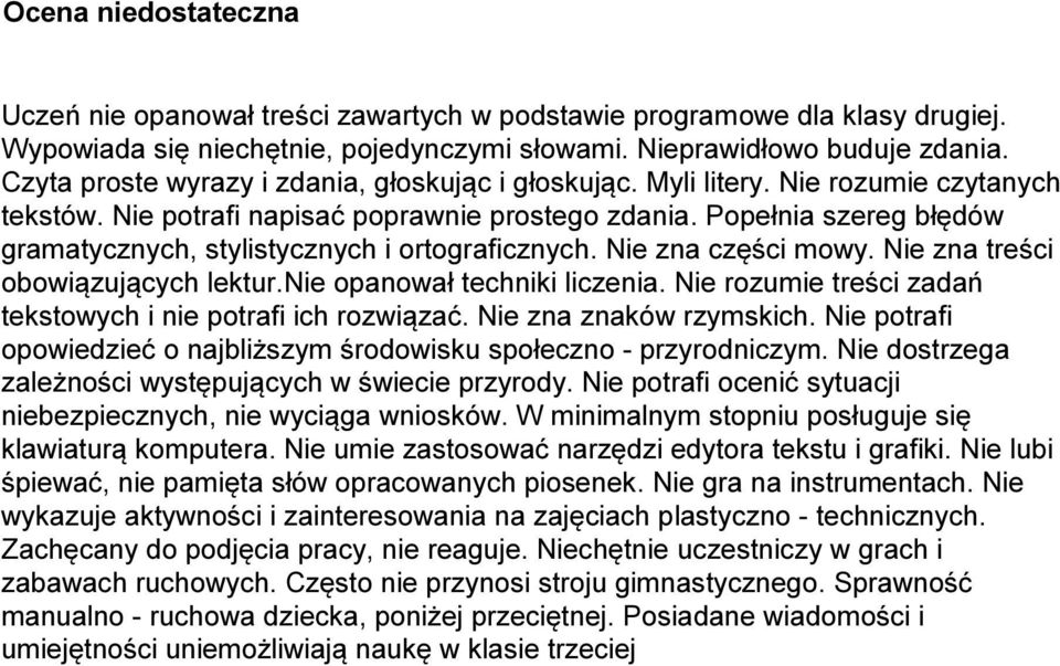 Popełnia szereg błędów gramatycznych, stylistycznych i ortograficznych. Nie zna części mowy. Nie zna treści obowiązujących lektur.nie opanował techniki liczenia.