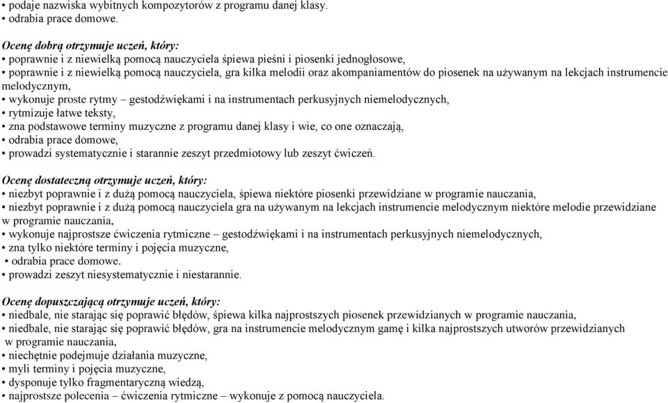 akompaniamentów do piosenek na używanym na lekcjach instrumencie melodycznym, wykonuje proste rytmy gestodźwiękami i na instrumentach perkusyjnych niemelodycznych, rytmizuje łatwe teksty, zna