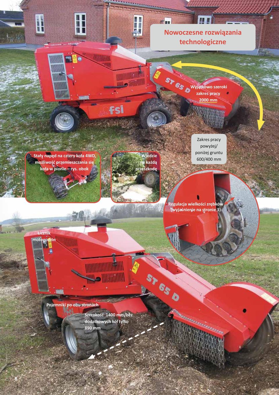obok Wjedzie na każdą przeszkodę Zakres pracy powyżej/ poniżej gruntu 600/400 mm Regulacja