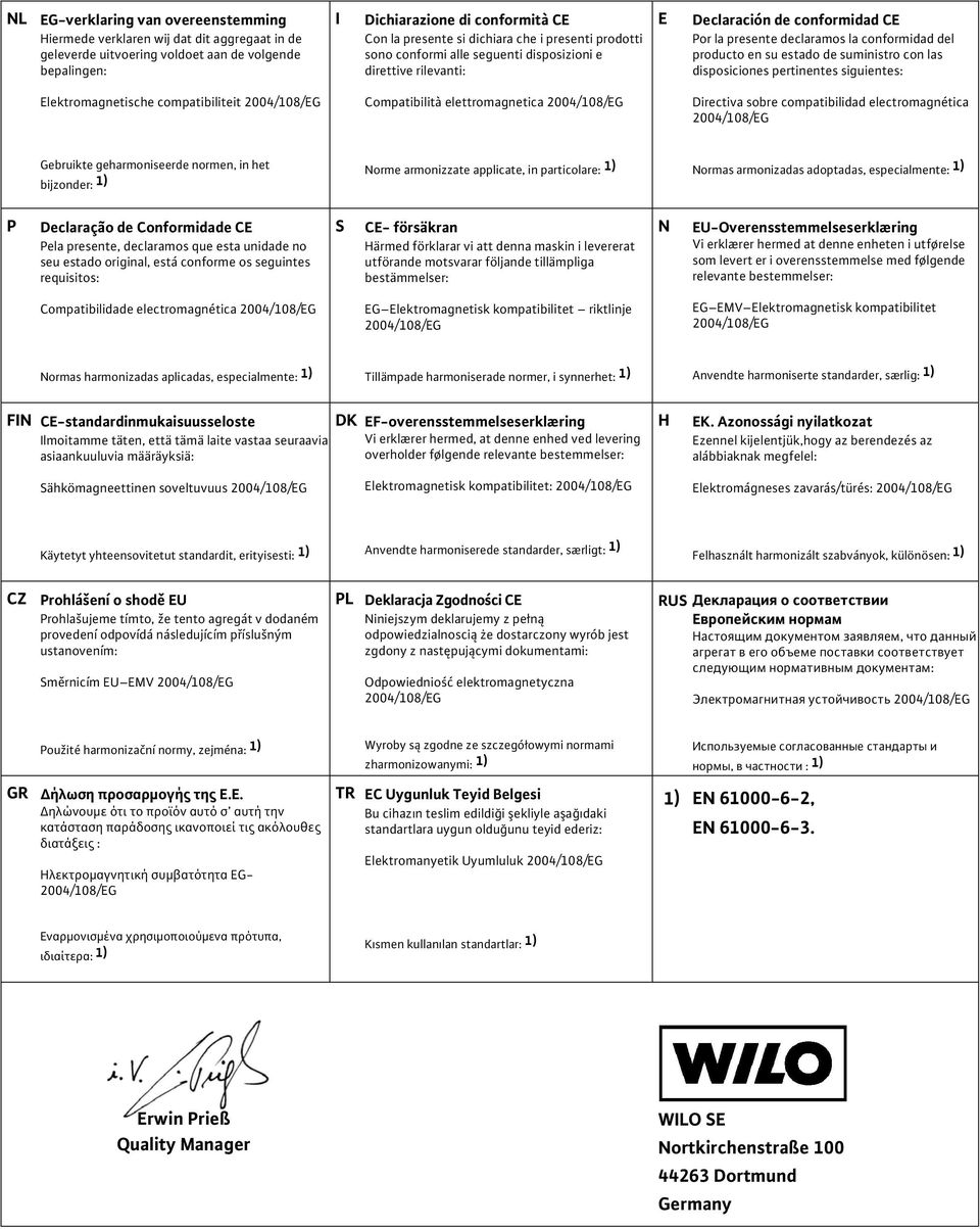 suministro con las disposiciones pertinentes siguientes: Elektromagnetische compatibiliteit 2004/108/EG Compatibilità elettromagnetica 2004/108/EG Directiva sobre compatibilidad electromagnética
