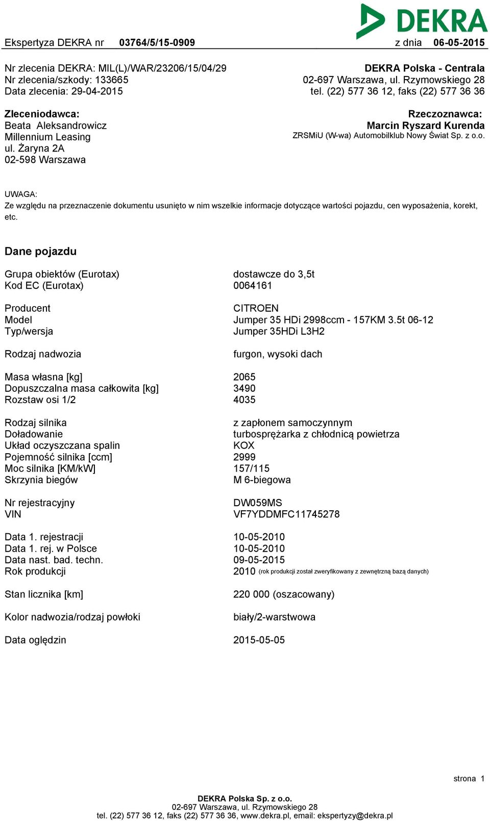 z o.o. UWAGA: Ze względu na przeznaczenie dokumentu usunięto w nim wszelkie informacje dotyczące wartości pojazdu, cen wyposażenia, korekt, etc.